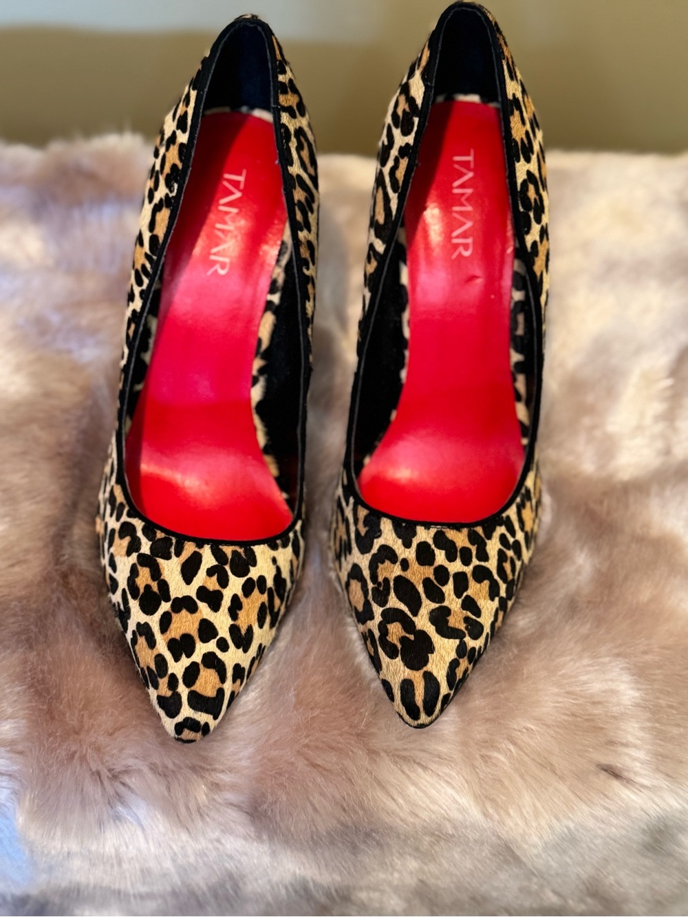 Leopard Print Pointed Toe Pumps in Beige and Black